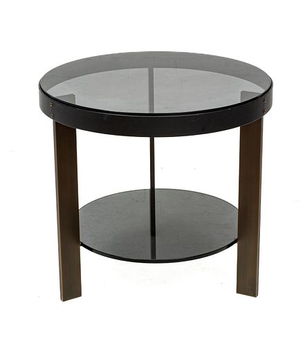 Baker Furniture (American) Glass And Steel Lazy Susan End Table, H 24'' Dia. 26''