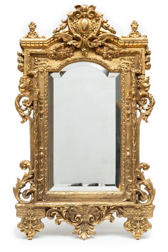 French Antique Bevelled Gilt Metal Mirror Ca. 1870, H 23'' W 13''