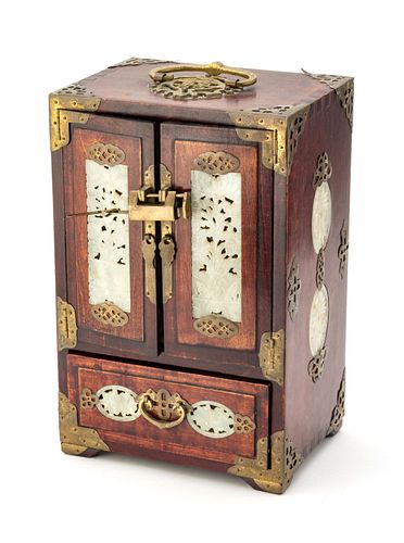 Chinese Carved Wood And Hardstone Jewelry Chest H 12.5'' W 8'' Depth 6''