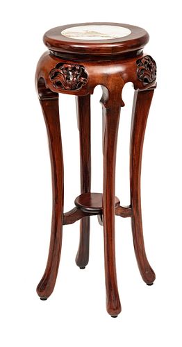 Chinese Carved Mahogany & Marble Pedestal, H 32'' Dia. 13''