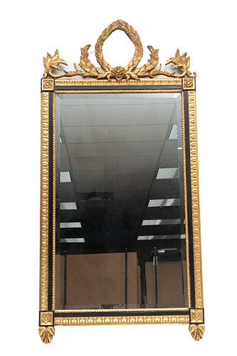LaBarge (Holland, Michigan) Neoclassical Style Gilt & Lacquered Mirror, H 52'' W 26''