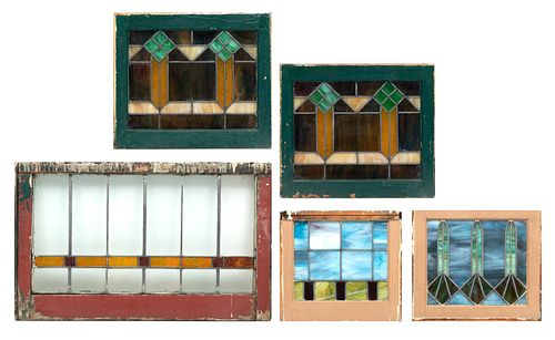 Stained & Leaded Glass Windows, Ca. 1900, H 18'' W 30'' 5 pcs