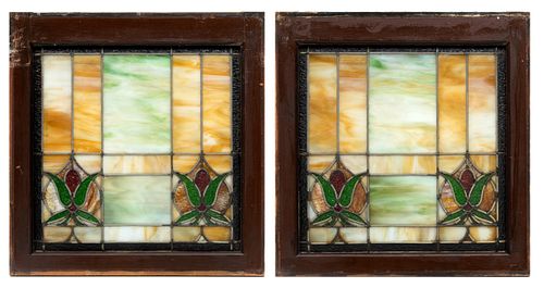 Stained & Leaded Glass Windows, Ca. 1900, H 25'' W 24'' 1 Pair