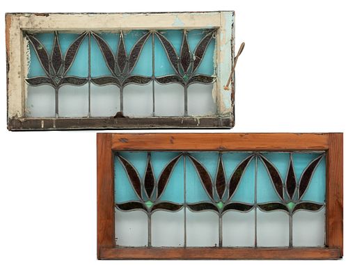 Stained & Leaded Glass Windows, Ca. 1900, H 15'' W 30'' 1 Pair
