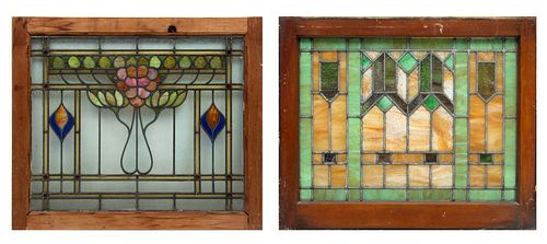 Stained & Leaded Glass Window Panes, Ca. 1900, H 28'' W 33'' 2 pcs