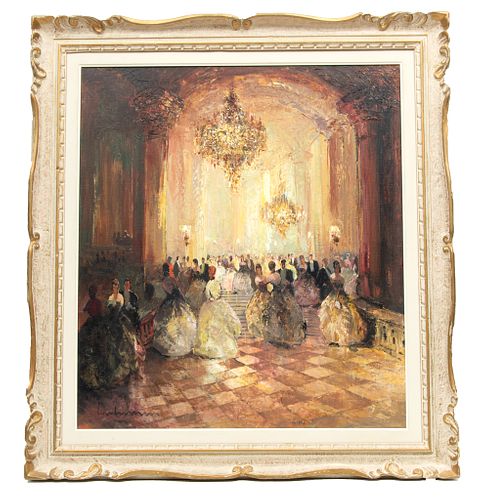 Ludwig Gschossmann (German, 1894-1988) Oil On Canvas Ballroom Scene, H 35'' W 31''