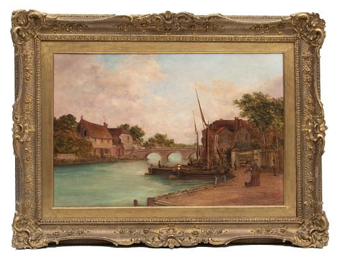 A. Watson, European Oil On Canvas Village With Stone Bride Over A Canal, H 24'' W 36''