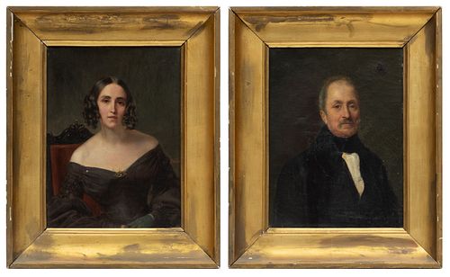 Oils On Canvas, Ca. 19th C., Portraits Of A Lady And A Gentleman, H 13'' W 10'' 2 pcs