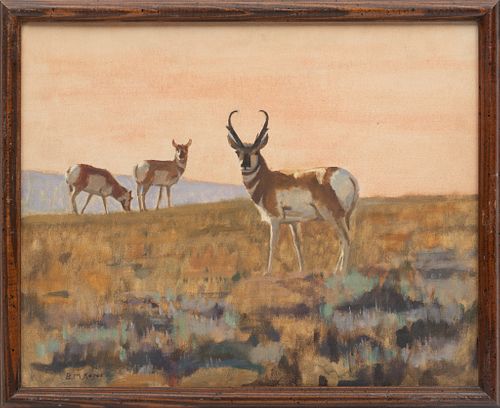 Bernard Keyes (American, 1898-1973) Oil On Canvas Board, Pronghorns At Sunset, H 15.75'' W 19.75''