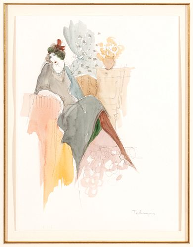Itzchak Tarkay (Israeli, 1935-2012) Watercolor On Paper, Seated Lady, H 16'' W 12''