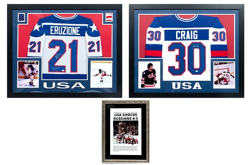 1980 USA Olympic Hockey Jerseys Signed By Eruzione And Craig H 35.5'' W 43.5'' 2 pcs
