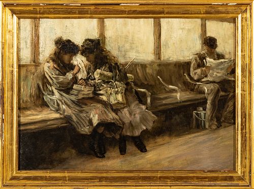 William St John Harper (American, 1851-1910) Oil On Board, 19th C.,, Schoolgirls In The Station, H 12.5'' W 17.5''