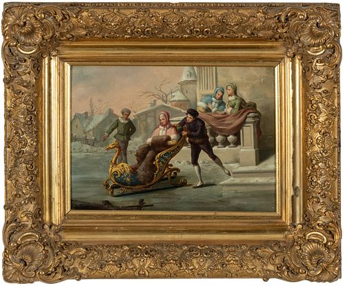 Continental Oil On Beveled Mahogany Panel Ca. Early 19th C., Sleigh Ride, H 9.5'' W 13''