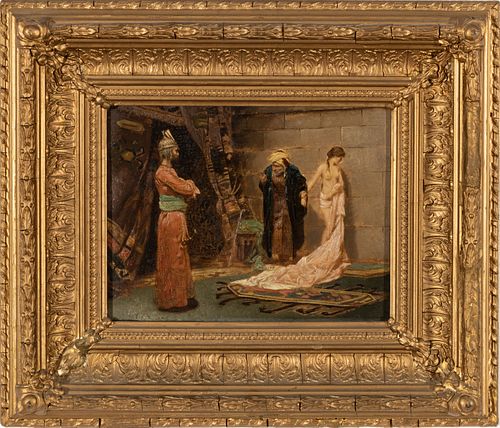 After Frederick Vezin (American, 1859-1942) Oil On Beveled Mahogany Panel, Ca. 1880, "Sale Of The Circassian Slave", H 10.25'' W 8''