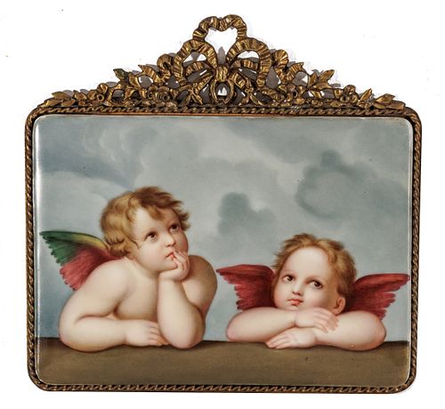 After Raffaello Sanzio (German) Painting On Porcelain, Early 20th C., Angeli - Madonna Sistina, H 5'' W 7''