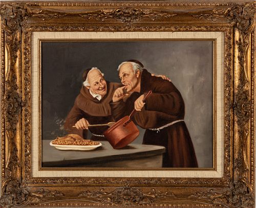 Oil On Academy Board Ca. Mid 20th C., Monks Tasting A Meal, H 11'' W 15''