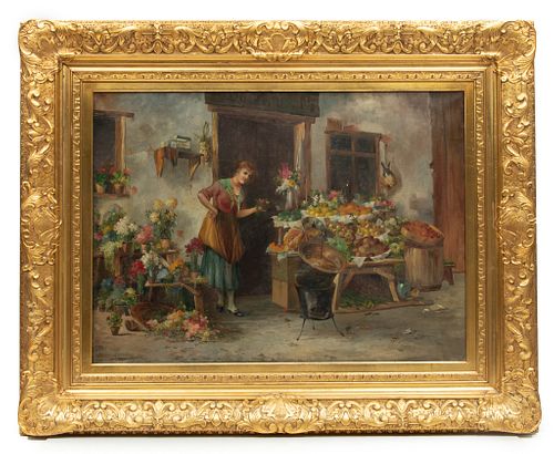 G. Lutlitzky European Oil On Canvas,  Late 19th/early 20th C., Fruit And Flower Vendor