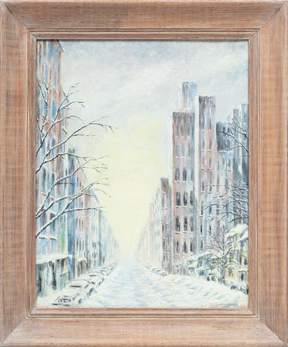 S. Beckerman, Oil On Canvas Board, Ca. 1969, "City Snow", H 21'' W 24''