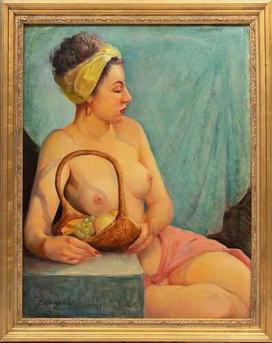 Robert Rukavina (American, 1914-1977) Oil On Canvas, Ca. 1951, Semi-Nude Female With A Basket Of Fruit, H 29.5'' W 23''