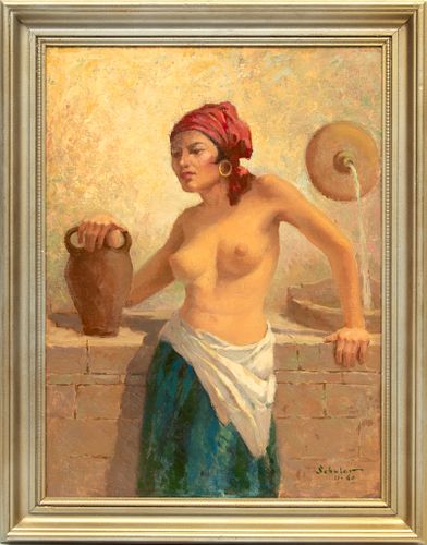 Schuler, Oil On Canvas, Ca. 1960, Woman At A Well, H 23.5'' W 17.5''
