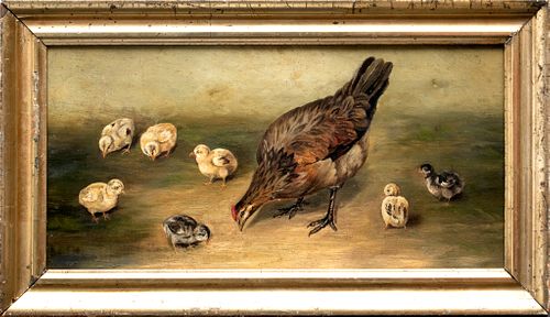 Unsigned Oil On Canvas Ca. 19th.c., Sicilian Buttercup Hen And Chicks, H 8'' W 16''
