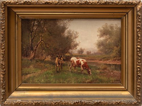 Henry Pruett Share (American, 1853-1905) Oil On Canvas, Ca. 1880, Cows In A Bucolic Landscape, H 8'' W 12''
