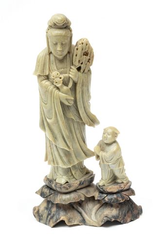 Chinese Carved Stone Quan Yin With Child And Holding Vase H 12''