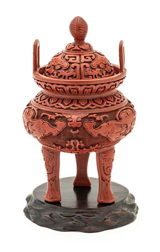 Chinese Cinnabar Carved Red Lacquer Koro On Three Legs Ca. 1900, H 8.5'' Dia. 5''