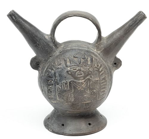 Chimu Pre-Colombian Style Blackware Pottery Double Spout Vessel, H 7.5'' W 8.25'' Depth 4''