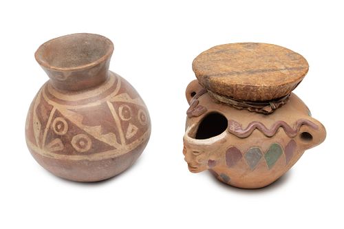 Pre-Colombian Style Pottery Drum And Vase, H 6.5" And 7.25", 2 pcs