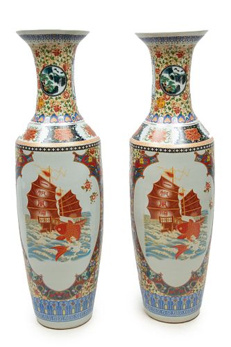 Chinese Palace-Size Porcelain Vases, 21st C., Junk Boat And Koi With Exotic Birds In Blossoms, H 50.25'' Dia. 14'' 1 Pair
