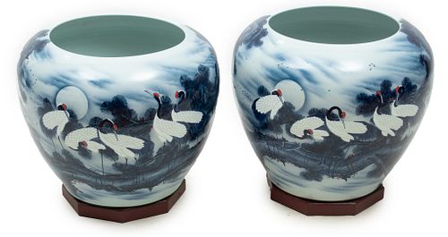 Chinese Porcelain Jardineires Cranes On A Moonlit Marsh, H 18'' Dia. 22'' 1 Pair