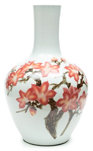Chinese Porcelain Tianqiuping Vase Ca. 21st C., Plum Blossoms, H 24'' Dia. 14''