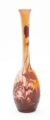 Emille Galle, Cameo Glass Stick Neck Vase Ca. 1900, Flower Motif, H 14.7'' Dia. 4''