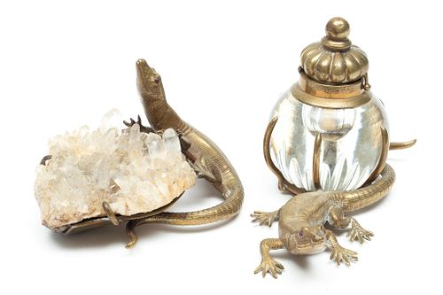 French Bronze And Crystal Inkwell + Lizard With Rock Crystal Ca. 19th.c., H 3.7'' W 3.5'' 2 pcs