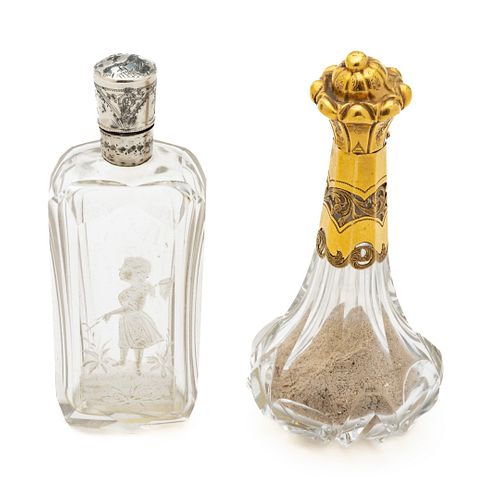 Crystal With Gold Cap Cologne Bottle + Mary Gregory Perfume Ca. 1900, H 3.5'' 2 pcs