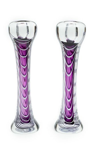 Lavender Purple Tall Crystal Candleholder's 12" H. Signed A.Kasmon / Kasman