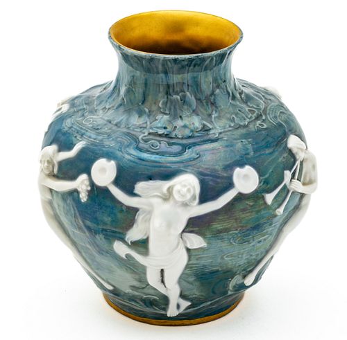 Kronach Glazed Porcelain Vase, Nudes In Relief, By Adolf Oppel Ca. 1900, H 7'' Dia. 6''