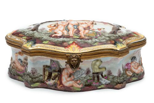 Capo Di Monte Porcelain, Hinged Cover Jewel Box Ca. 1900, H 5.7'' L 12'' Depth 9''