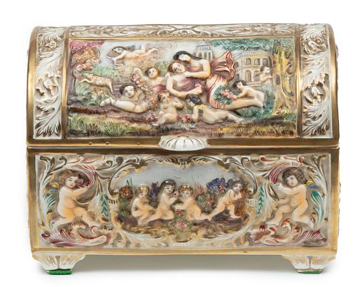 R. Capo Di Monte Hand Painted Porcelain Hinged Chest, H 7.25'' L 9.75''