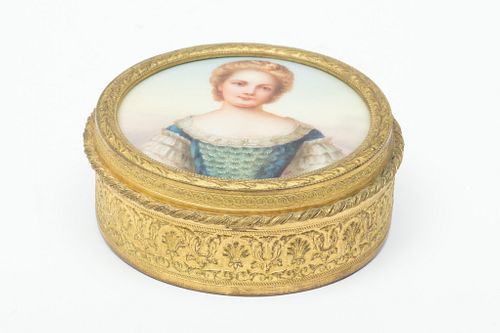 French Porcelain Hinged Box, Inset Portrait Of Girl Ca. 1900, Dia. 3''