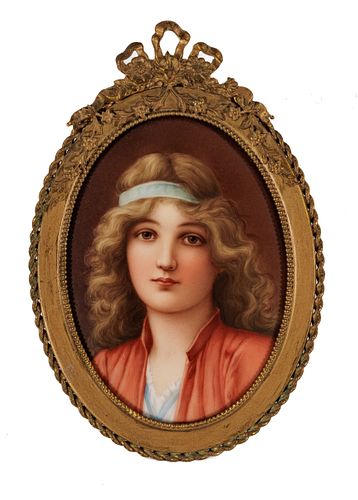 Painting On Porcelain, Oval Portrait Of Young Woman, Bronze Frame Ca. 1900, H 4.7'' W 3.2''