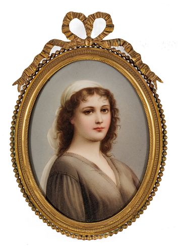 German Painting On Porcelain, Young Woman In Grey Dress, Bronze Frame H 4.7'' W 3.5''