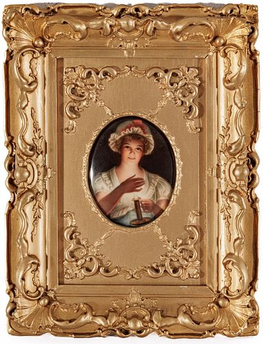 German Painting On Porcelain, Lady With Candle "Goodnight" After G. Hom Ca. 19th.c., H 3'' W 2.2''