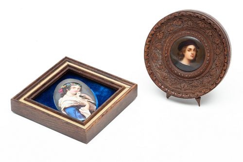 Miniature Oval Paintings On Porcelain, Portraits Ca. 19th.c., H 2.7'' W 1.2'' 2 pcs