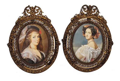 French Oval Watercolor Portraits, Ladies Ca. 1900, H 5.7'' W 4.2'' 1 Pair
