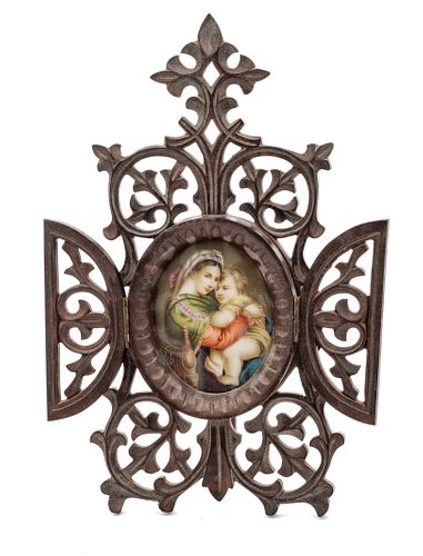 Painting On Porcelain, Madonna After Raphael, Carved Frame Ca. 1880, H 2.3'' W 1.7''