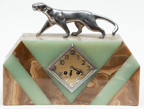 French Art Deco Marble, Onyx And Bronze Mantel Clock H 12'' W 15.75'' Depth 4''