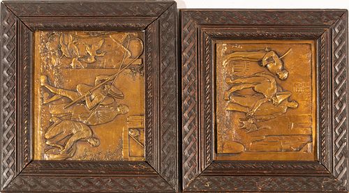 Continental Bronze Plaques, "Commedia Dell Arte" Ca. 1900, H 9'' W 10.5'' 1 Pair