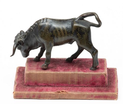 Bronze Miniature Bull Sculpture Ca. 19th.c., H 1.7'' L 1.7''